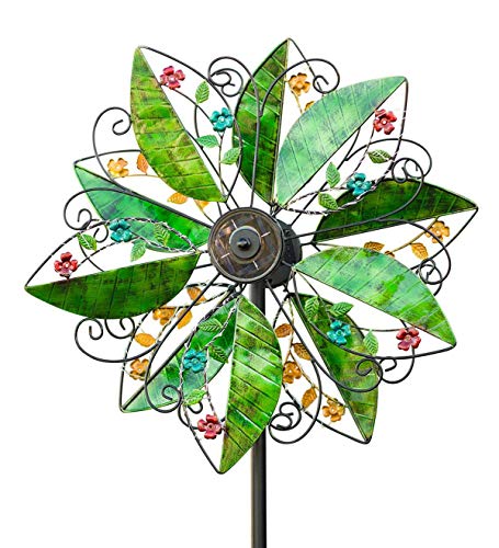 Wind & Weather 75-Inch High, 24-Inch Diameter Dual Independently-Turning Rotor Metal Leaf and Flower Wind Spinner with Patented Solar Light Technology, 22" Dia. x 10¼"D x 75" H