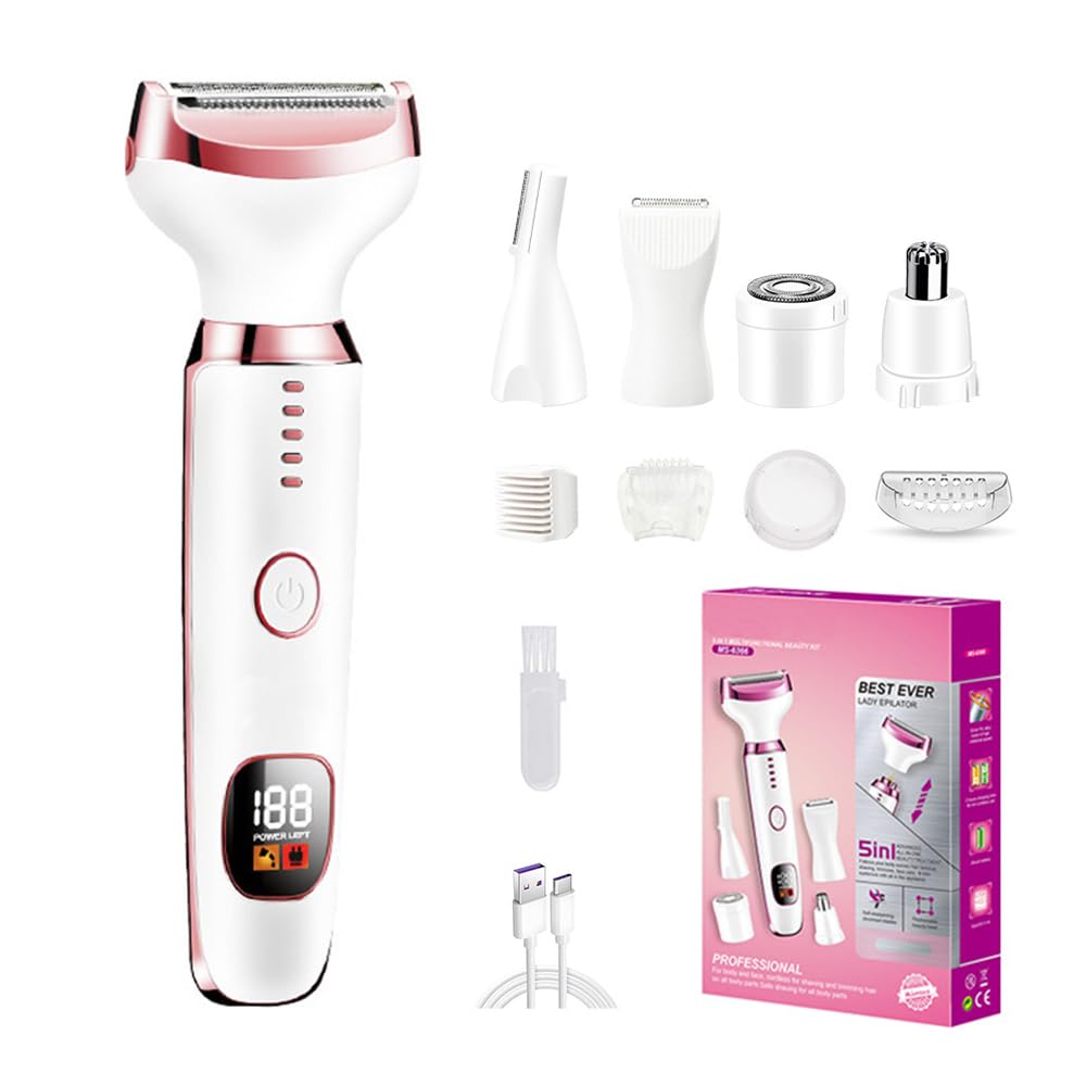 Depiladora Eléctrica para Mujer, 5 en 1 Rasuradora Mujer Zona Intima, Depiladora Facial Eléctrica sin Dolor, Recargable Afeitadora Shaver Maquina de Depilar para Cara, Nariz, Axilas, Piernas, Bikini
