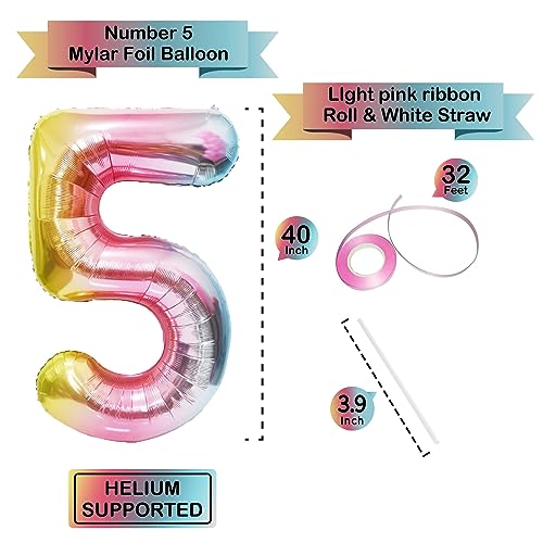 Image of 40 Inch Giant Rainbow Number 5 Balloons, Birthday Balloons, Helium Mylar Foil Big Number Balloons for Birthday Party Decorations, Kids' Birthday Anniversary Party Baby Shower Unicorn Parties