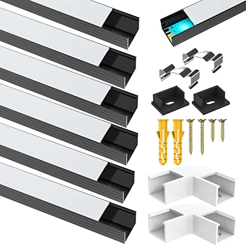 6Pack Led Aluminum Profile for Philips Hue Led Strip Lights etc,1m/3.3ft U-Shape Led Aluminum Channel,Black Led Diffuser with Milky White Cover End Caps and Metal Mounting Clips