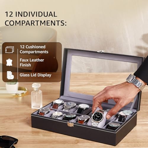Image of Amazon Basics Unisex Faux Leather Watch Organiser Box with 12 Slots |Watch Organiser with Transparent Lid (Black)