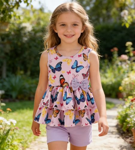 Image of Girls 2 Piece Outfit Summer Short Set Sleeveless Bow Knot Tank Top and Shorts Cute Clothes for Toddler Girls