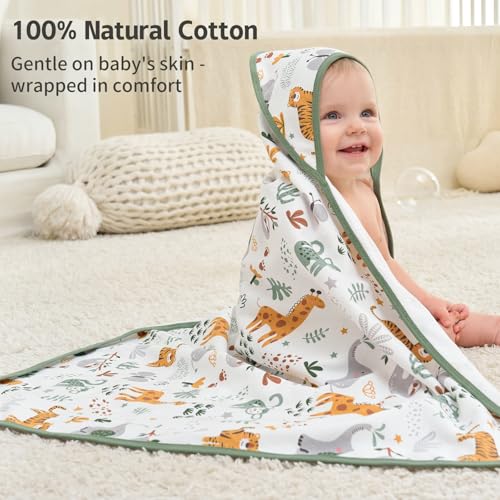 Image of Hooded Baby Towels for Newborn,100% Cotton Baby Bath Towels with Hood for Infant Toddler Boy Girl, 2 Pack 32x32 Inch Soft & Absorbent Knit Terry Bath Essentials Green Giraffe