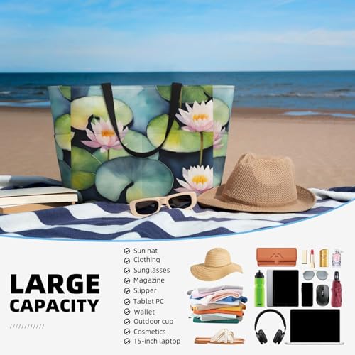 Large Capacity Beach Bag Waterproof Pool Tote for Gym Swimming Camping Carry On Bag Black Lily Pads Print2