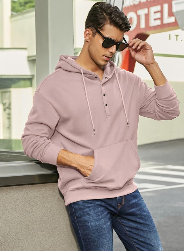 JMIERR Mens 2023 Cotton Hooded Button Collar Drawstring Hoodies Pullover Sweatshirts Casual Long Sleeve Shirts with Pocket2