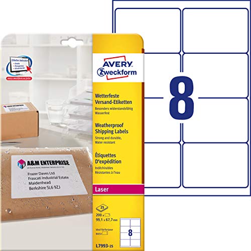 Étiquettes d'expédition autocollantes Avery L7993-25 blanches imprimables format 99.1x67.7 mm