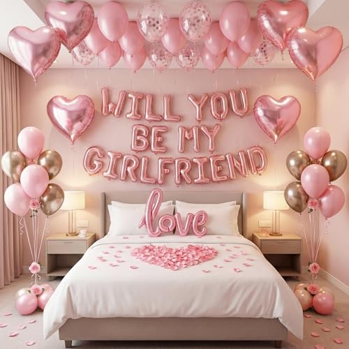 Will You Be My Girlfriend Balloon Letters with Pink Heart Foil Balloons Love Sign Rose Petals and Latex Balloons Romantic Room Setup & Be My Girlfriend Proposal Decorations for Valentines Day
