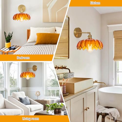 Image of Amber Glass Wall Sconce Brushed Gold Vanity Light 1-Lights Brass Bathroom Light Fixtures Vintage Modern Wall Sconces for Over Mirror Flower Wall Lighting Farmhouse Bath Vanity Lights