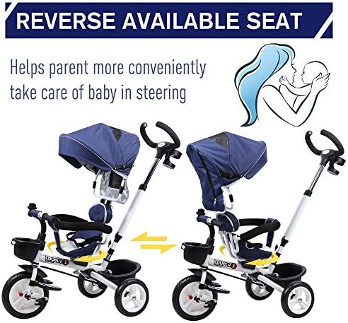 HOMCOM 4 in 1 Tricycle for Kids Toddler Folding Trike with Parent Handle Reversible Seat Adjustable Handle Removable Canopy Safety Belt for 18 Months to 5 Years Blue