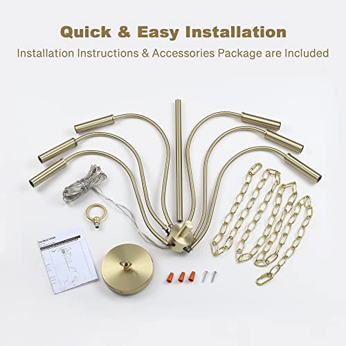 Bunkos 6-Light Gold Chandelier, Modern Gold Pendant Light, Adjustable Height Farmhouse Chandelier, Ceiling Light Fixture For Dining Room Bedroom Foyer Living Room Kitchen Island #TOP4