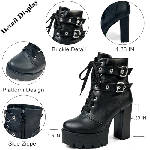 Image of MEOTINA Women Platform Boots Black Chunky Heel Ankle Booties Lace Buckle Combat Boots with Zipper High Heel Goth Shoes