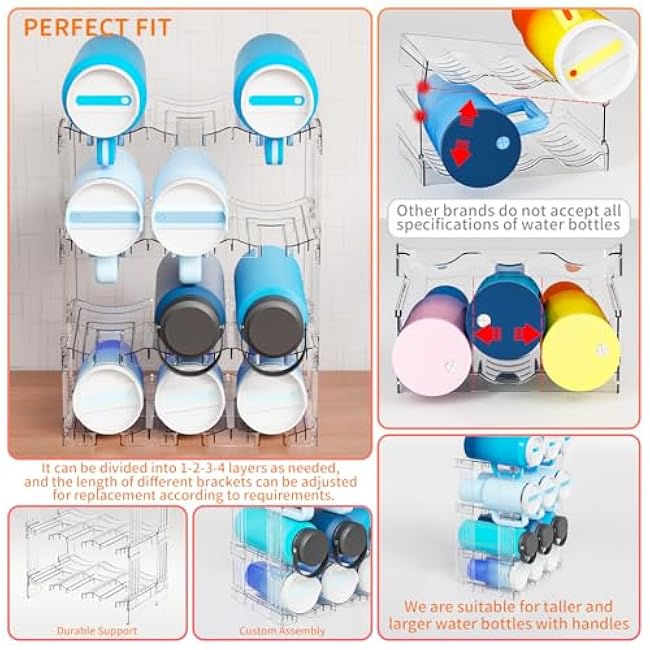 Larger Compartment Stackable Water Bottle Organizer for 40 oz Stanley Cup,Yeti and Other Tumbler Organizer,3 Tier Stanley Cup Holder and Water Bottle Storage Rack for Kitchen Cabinets,Countertop