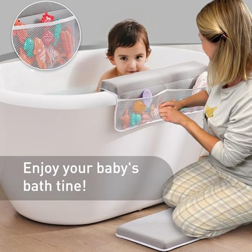 Image of Comfortable Bath Kneeler and Elbow Rest Pad Set- Thick Non-Slip Memory Foam Bath Mat Set,Quick Dry Baby Bathtub Cushion with Storage Toy Organizer Pockets