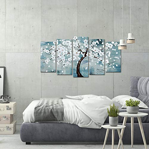 Kalormore White Flowers Blossm Trees Painting Giclee Prints Rustic Blue Background Picture Floral Poster Contemporary Art For Modern Living Room Bedroom Office Gift For House Warming #TOP3