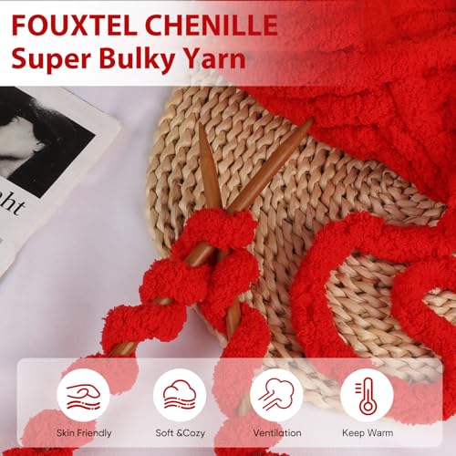 Image of 8 Jumbo Packs Chunky Chenille Yarn for Crocheting, 31.7 yds, 8 oz Each Skein Bulky Thick Fluffy Yarn for Knitting, Super Bulky Chunky Yarn for Hand Knitting Blanket, Soft Plush - Red