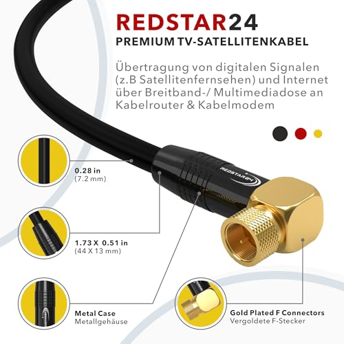Kabel antenowy SAT 12,5 m, kabel satelitarny, cyfrowy, HDTV 135 dB, 2 x wtyczka F, 1 x 90° kątowy POZŁACANY kabel koncentryczny klasy A+ Ultra HD 4K 3D UHD, współosiowy, satelitarny, router modem