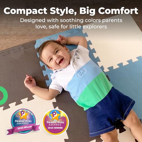 Image of MioTetto Baby Play Mat, Comfortable Tummy Time Mat - Portable Foam Floor Tiles, Safe baby mat for floor for Crawling & Development, Soft play mat for babies 0-6 months, Stylish interlocking foam tiles