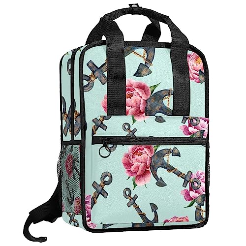 Sacs à dos pour garçons à motif pivoine et ancre de mer avec bandoulière réglable