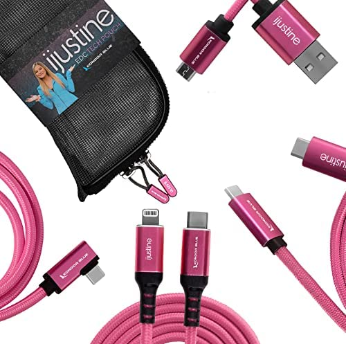 KONDOR BLUE x iJustine | Complete Collection | 9 Braided Cable Pack with EDC Tech Pouch for Cable Organization, Compatible with Phones, Computers, Cameras, & Beyond | Pink