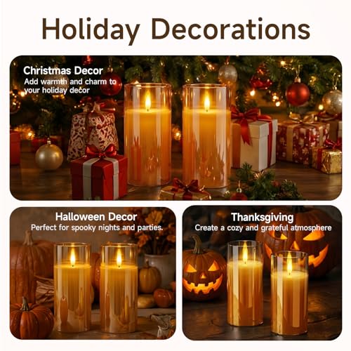 Image of Homemory Amber Glass Flameless Candles Battery Operated LED Pillar Candles with Remote and Timer, Real Wax Flickering Candles with 3D Wick, Decorative Candles Home, Wedding, Holiday Decor, Set of 2