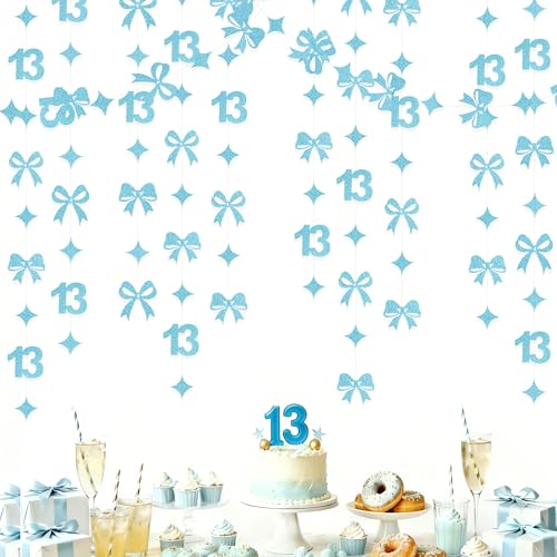 Image of Glitter Blue 13th Bow Birthday Decorations Teal Blue Conquette Bow Garland Streamer Banner Backdrop for Girls Happy 13th Birthday Official Teenager Cheers to 13 Years Old Anniversary Party Supplies