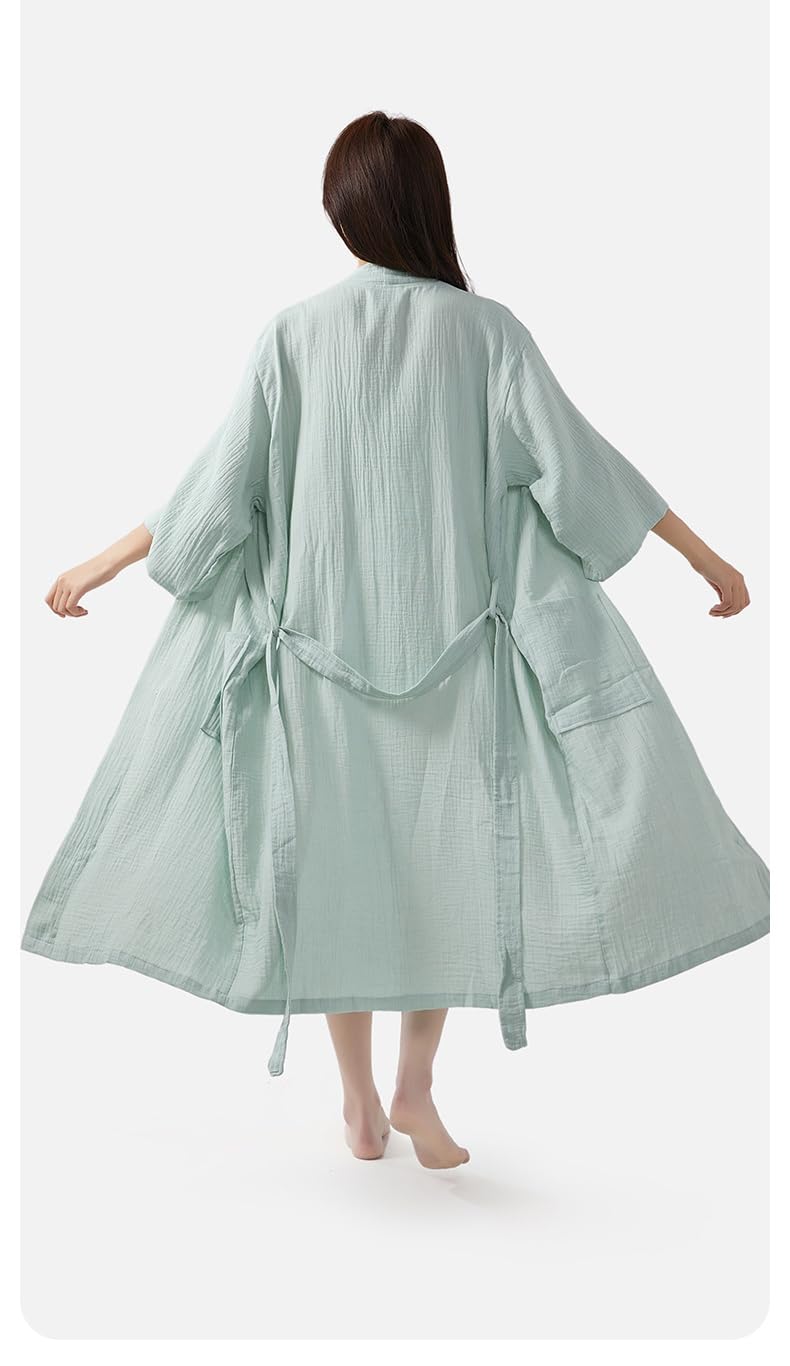 LUKX Morgenmantel Damen Leicht,Baumwoll-Leinen-Bademantel Salbeigrün Schlichter Kimono Robe V-Ausschnitt Morgenmantel Leichtes Kurzes Nachthemd Braut-Morgenmantel Nachtwäsche Bademantel Damen