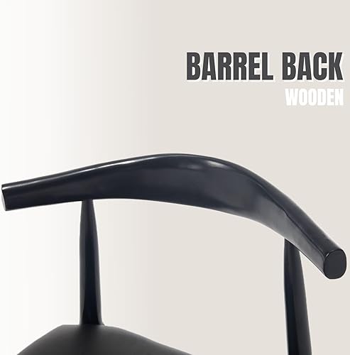 Miniatura 5 de Juego de 2 sillas de comedor negras de cuero con patas de madera y respaldos de barril, sillas de comedor modernas de mediados de siglo