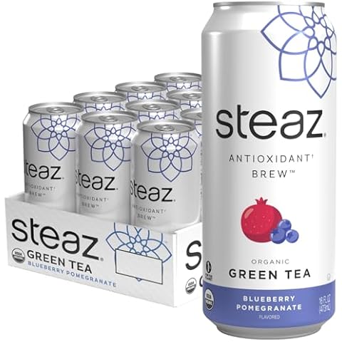 Steaz - Organic Green Tea - Blueberry Pomegranate (12 Pack) - Antioxidant Brew - 65mg Natural Caffeine, 90 Calories, Vitamin C - Cane Sugar Sweetened Iced Tea - Vegan - 12 Cans, 16 fl oz (473mL) Cover