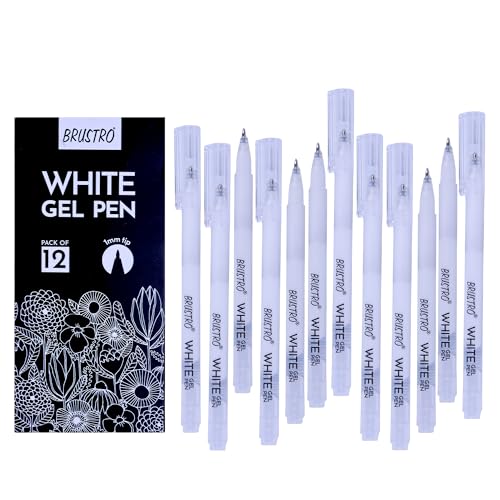 Image of BRUSTRO White Gel Pen Pack of 12. (1MM tip) | Ideal for Students and Adults, Drawing, Mandala Arts, Students, Office Use, Writing, Pen Set