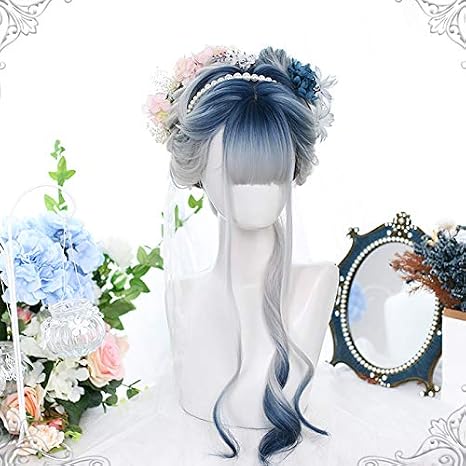 Irregular Coloring Body Wave Synthetic Long Hair Wig Blue Gradient White Gradient Blue Lolita Beauty Japanese Women Cosplay Wig