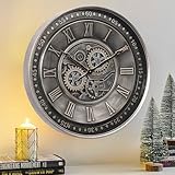 CLXEAST 24 Inch Large Moving Gear Wall Clock for Living Room Decor, Antique Silver Metal Roman Numerals Wall Clocks for Home Office