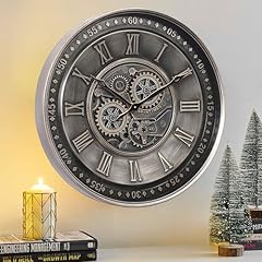 CLXEAST 24 Inch Large Moving Gear Wall Clock for Living Room Decor,Silver Metal Roman Numerals Wall photo CLXEAST 24 Inch Large Moving Gear Wall Clock for Living Room Decor,Silver Metal Roman Numerals Wall