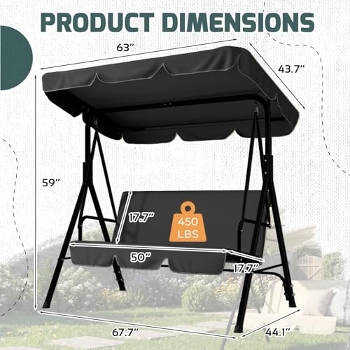 Image of AECOJOY Porch Swing with Stand, Outdoor Swings for Adults, 3-Seat Outdoor Swing with Canopy, Outside Swing Bench with Removable Cushion, Suitable for Backyard, Garden, Yard, Poolside, Balcony (Black)