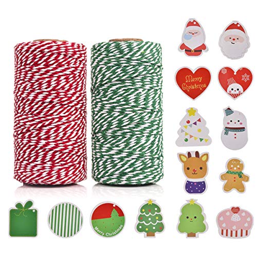 OITUGG [2 Rollen] Bäckergarn Rote weiße Grün - Kordel Weihnachten mit 14 Stück Weihnachten Geschenk Tags - Schnur Basteln für Weihnachten Kunsthandwerk Tags Karten - 200m/ 656 fuß Schnur Weihnachten Cover