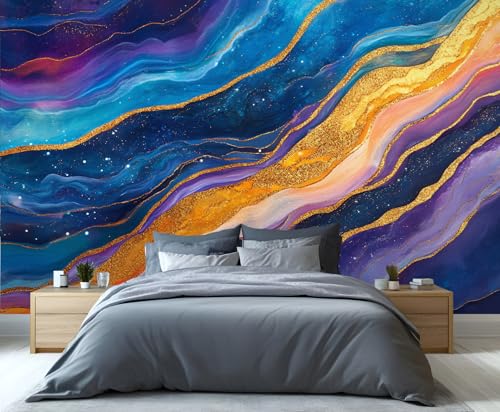 Image of YXQAIED Fluid Marble Wallpaper - Gold Glitter Mural & Home Decor, Blue Purple Galaxy Bedroom Wallpaper, Not Self-Adhesive Large Wall Murals for Living Room Home Decor