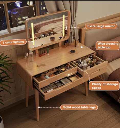 Image of KungFuWood Solid Wood Vanity Desk with Mirror and Lights,Adjustable Height and 3 Lighting Modes, Makeup Vanity with 3 Drawers,Easy Assemble Vanity Table,Dressing Table for Women Bedroom