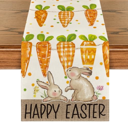 Artoid Mode Carrot Bunny Rabbit Happy Easter Table RunnerSeasonal Spring Flowers Kitchen Dining Table Runner for Home Party Decor 13×72 Inch