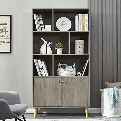 Mixcept Modern Bookcase With 2 Doors, Wooden Bookshelf Library With 6 Storage Cabinet For Home Office, Coffee (Gray Oak) #TOP1