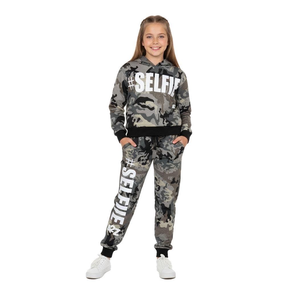 A2Z 4 Kids Enfants Filles Garçons Survêtement Designer Gris #Selfie Imprimer Toison Encapuchonné Crop Top Bottom Jogging Costume Joggers Âge 5-13 Ans