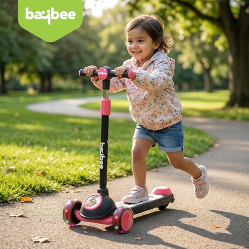 Image of Baybee Rolo Kick Scooter for Kids, 3 Wheel Kids Scooter with 3 Height Adjustable Handle, Music & Rear Brake, Skate Scooters with PU LED Wheels | Runner Scooters for Kid 3+ Years Boys Girls (Black)