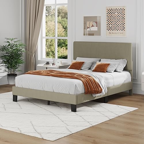 Lifezone Full Bed Frame with Headboard,Linen Upholstered Bed Frame with Wood Slats Support,No Box Spring Needed,Heavy Duty Feet,Easy Assembly, Beige