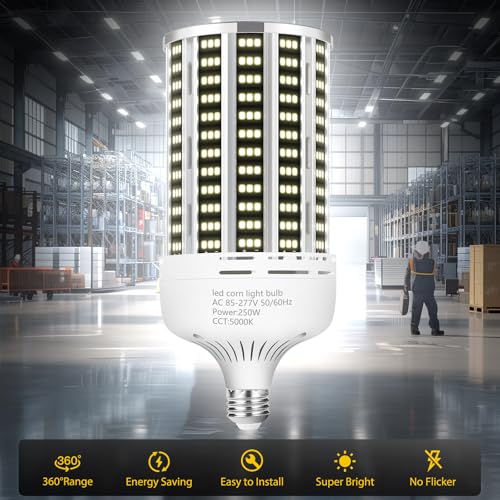 250W 2 pack LED Corn Light Bulb,(2500W Equivalent )Commercial Grade 36500LM DayLight 5000K E26/E39 Medium Mogul Base LED Lamp,Large Area Lights For Outdoor Indoor Garage Warehouse Factory Bay Light by YANYCN - Image 2