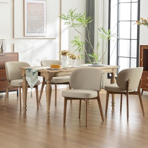 YOUNIKE Dining Chair with High Back Set of 4 Mid Century Modern Kitchen Chair Faux Leather Upholstered Armless Chair 20" Wide Padded Seat with Wooden Legs for Kitchen Dining Living Room Bedroom Khaki