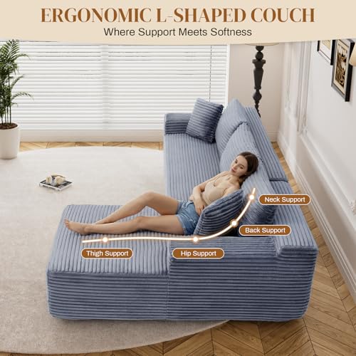 Image of 95 inch L Shaped Boneless Sectional Couches, Wide Armrest, Deep Seat, Memory Foam, Assembly Free, Modern Comfy Corduroy Fluffy Cloud Sofa with Right Chaise for Living Room, Small Spaces, Grey
