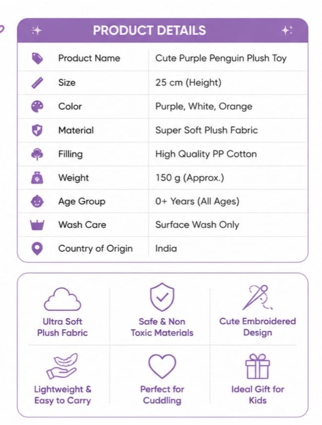 Image of Cute Penguin Soft Toy Plush for Kids | Premium Stuffed Penguin Doll | Ultra Soft Cuddle Pillow Toy | Animal Plush Teddy for Boys & Girls | Birthday Gift & Room Decor (Purple) 25CM