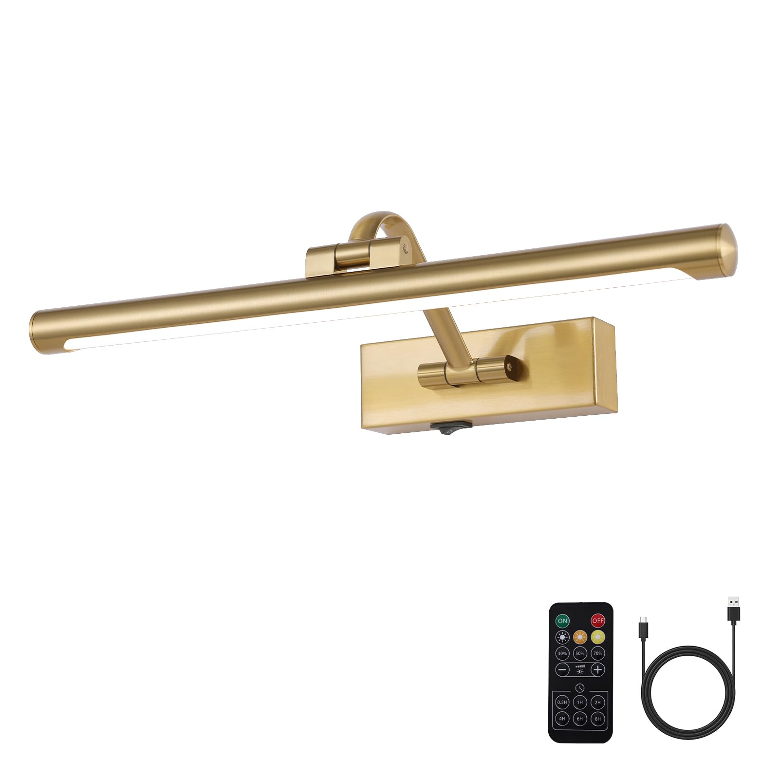 Luci per quadri senza fili per parete a batteria, luce artistica per dipinti con telecomando, 3 CCT, dimmerabile, ricaricabile, luce da galleria girevole in ottone da 40,6 cm, per esposizione di