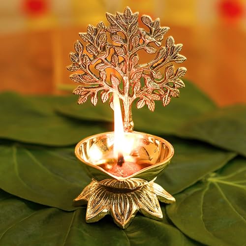 Image of Behoma 100% Pure Brass Kalpavriksha Diya for Puja | Deepak for Mandir | Office & Home Decoration Handcrafted Tree of Life Diya for Pooja Room & Temple | Best Religious Gift for Anniversary, Wedding