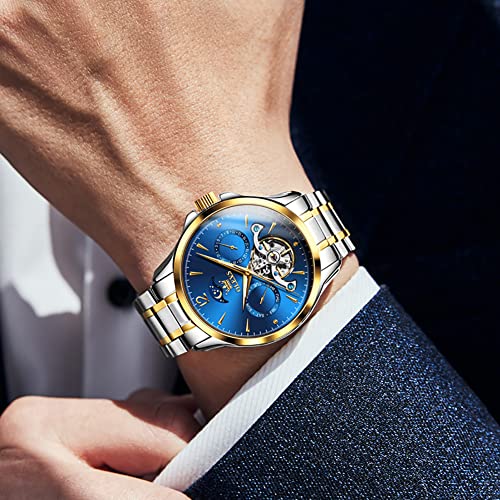 Image of OLEVS Men's Wristwatch, Popular, Mechanical Watch, Men's, Automatic Winding, Skeleton, Moon Phase, Business, Gentleman, Waterproof, Date, Calendar, Blue, Watch for Men, blue, Bracelet Type