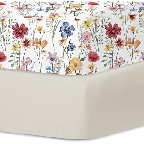 Little Grape Land Crib Sheets for Girls and Boys, 2pk Baby Crib Fitted Sheet for Standard Size Crib and Toddler Mattress, Super Soft Baby Sheet (Spring Flower & Beige) Cover