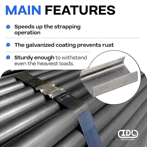 Image of IDL Packaging Open (Snap-On) Seals for 1 /2 inch Strap Width Steel Strapping (Pack of 100) - Superior Holding Power - Sturdy Metal Clips for Securing Heavy Packaging and Pallet Banding